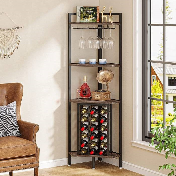 Rustic 4-Tier Corner Wine Rack with Glass Holder Storage