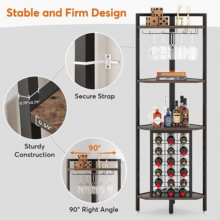Rustic 4-Tier Corner Wine Rack with Glass Holder Storage