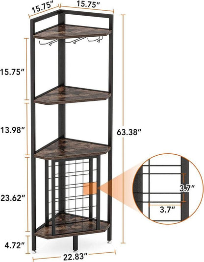 Rustic 4-Tier Corner Wine Rack with Glass Holder Storage