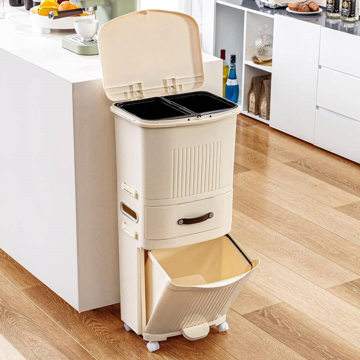 12gL Storage Recycle Bins Elevated Trash Can w/ Lid Cream