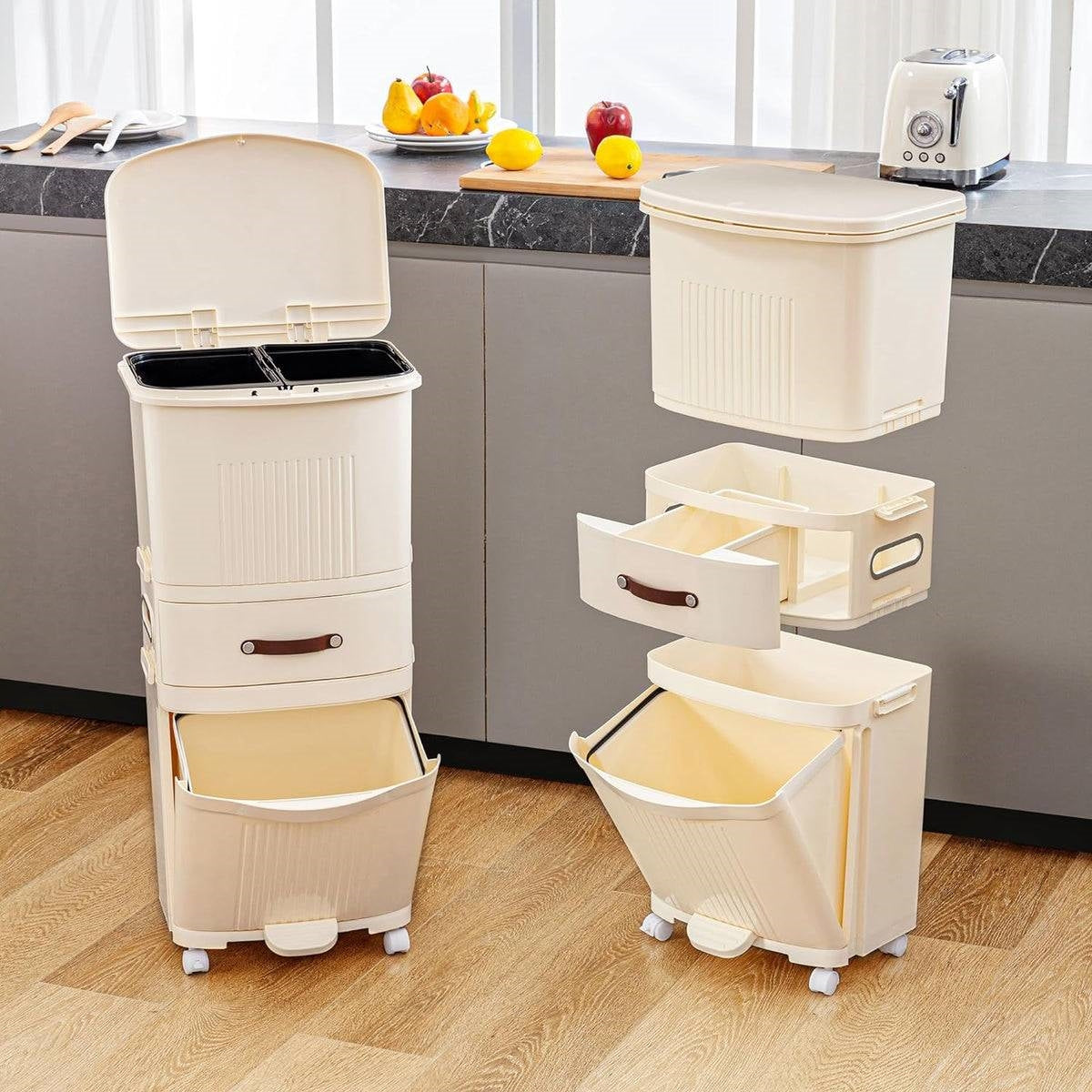 12gL Storage Recycle Bins Elevated Trash Can w/ Lid Cream