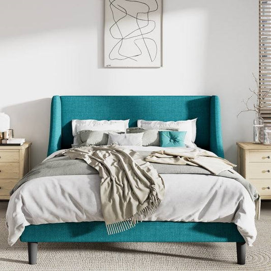 Full Size Upholstered Linen Headboard Wingback Platform Bed in Turquoise