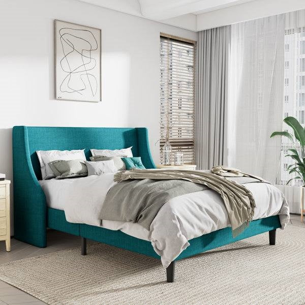 Full Size Upholstered Linen Headboard Wingback Platform Bed in Turquoise