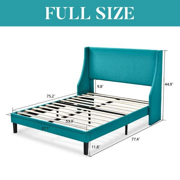 Full Size Upholstered Linen Headboard Wingback Platform Bed in Turquoise