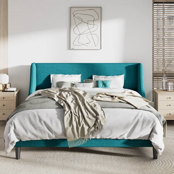 King Size Upholstered Linen Headboard Wingback Platform Bed in Turquoise