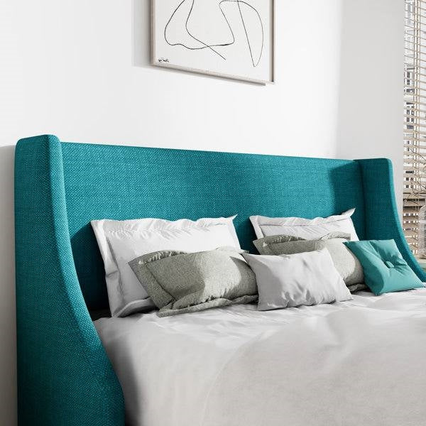 King Size Upholstered Linen Headboard Wingback Platform Bed in Turquoise