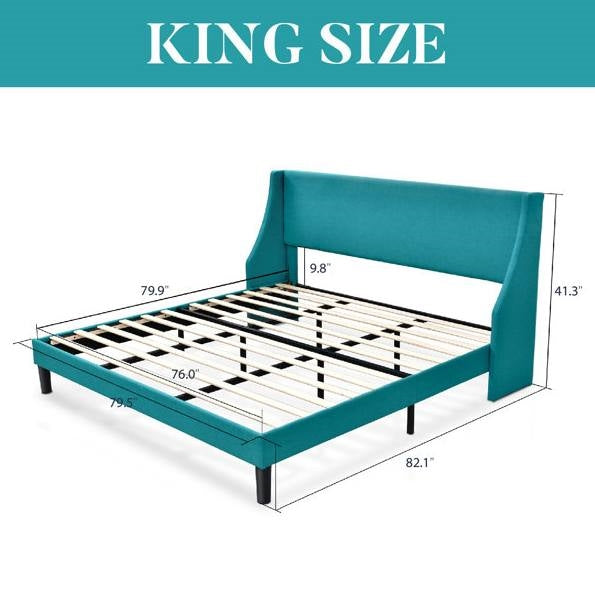 King Size Upholstered Linen Headboard Wingback Platform Bed in Turquoise