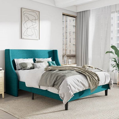 Queen Size Upholstered Linen Headboard Wingback Platform Bed in Turquoise
