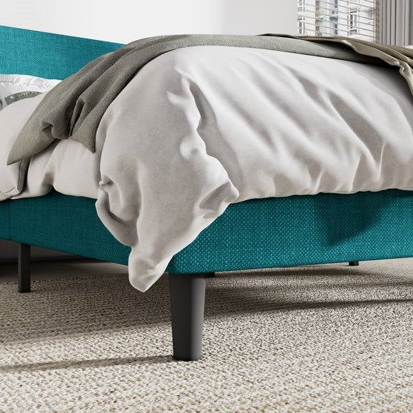 Queen Size Upholstered Linen Headboard Wingback Platform Bed in Turquoise
