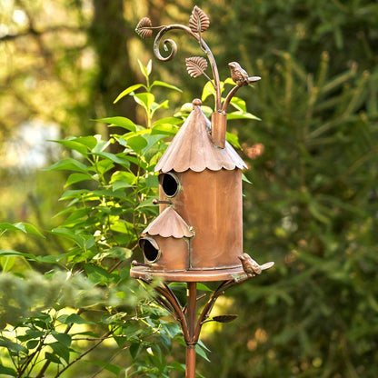 Cast Iron Metal Birdhouse with Pole and Stake in Copper Finish