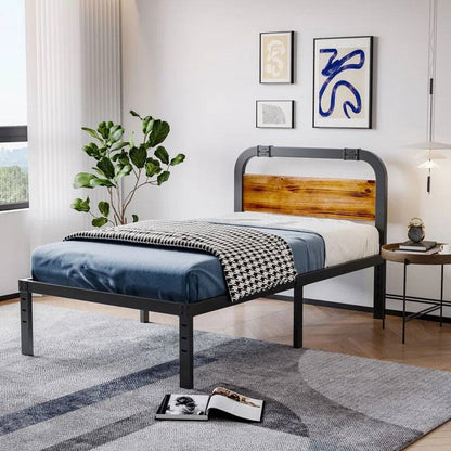 Twin size Heavy Duty Black Metal Bed Frame with Solid Wood Panel Headboard