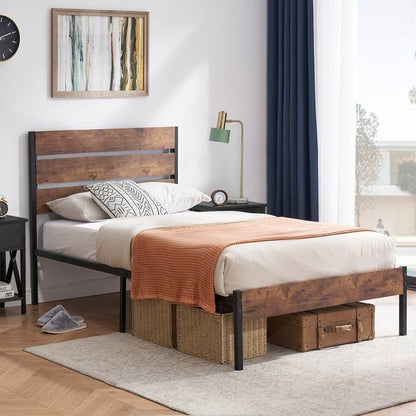 Twin Size Rustic Industrial Platform Bed Frame Wood Slatted Headboard and Footboard