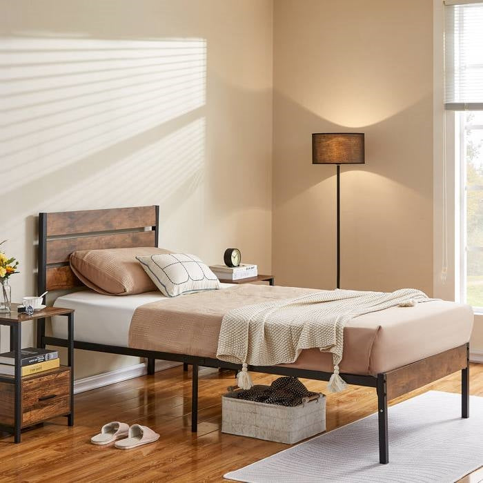 Twin Size Rustic Industrial Platform Bed Frame Wood Slatted Headboard and Footboard