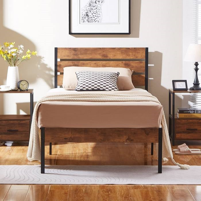 Twin Size Rustic Industrial Platform Bed Frame Wood Slatted Headboard and Footboard