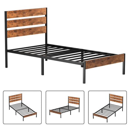 Twin Size Rustic Industrial Platform Bed Frame Wood Slatted Headboard and Footboard