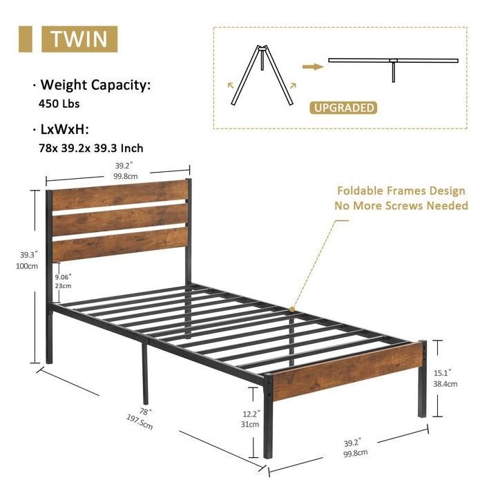 Twin Size Rustic Industrial Platform Bed Frame Wood Slatted Headboard and Footboard