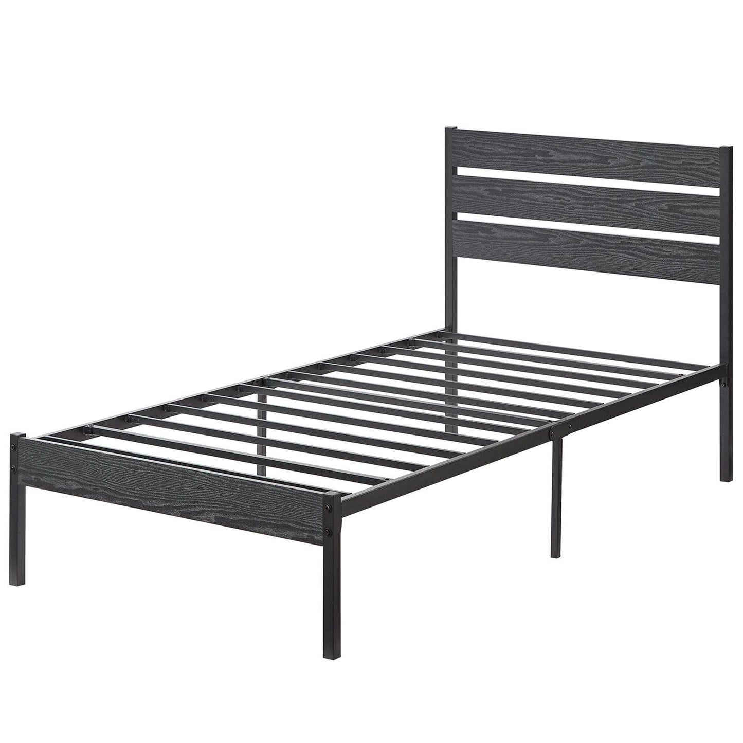 Twin Size Rustic Industrial Black Oak Platform Bed Frame Wood Slatted Headboard