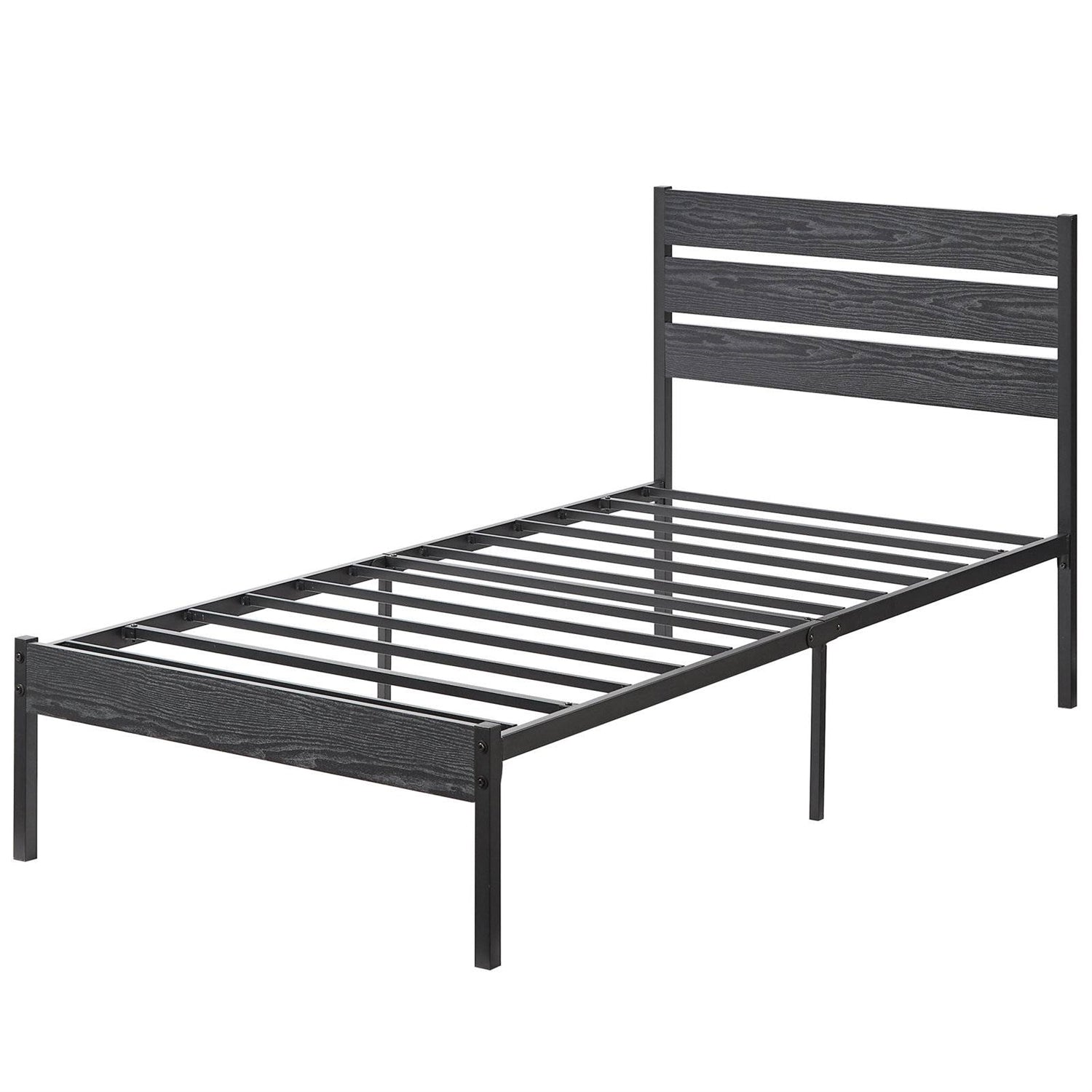 Twin Size Rustic Industrial Black Oak Platform Bed Frame Wood Slatted Headboard