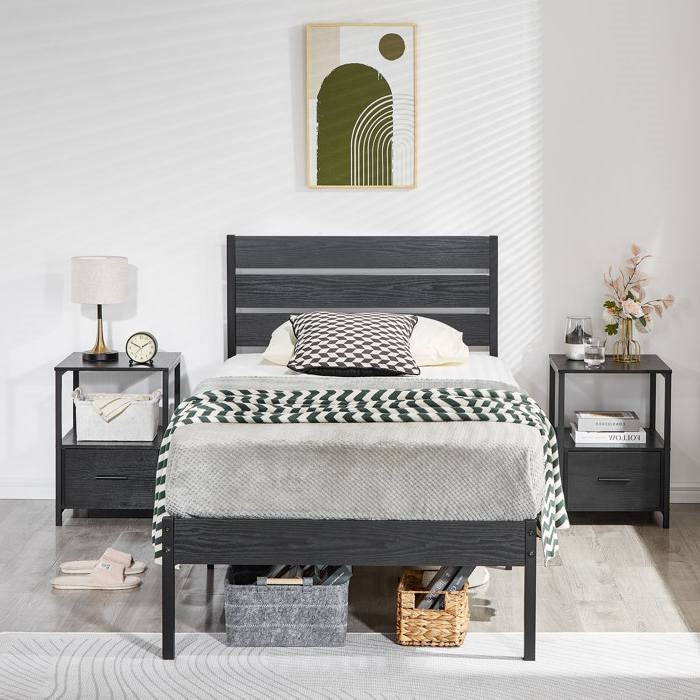 Twin Size Rustic Industrial Black Oak Platform Bed Frame Wood Slatted Headboard