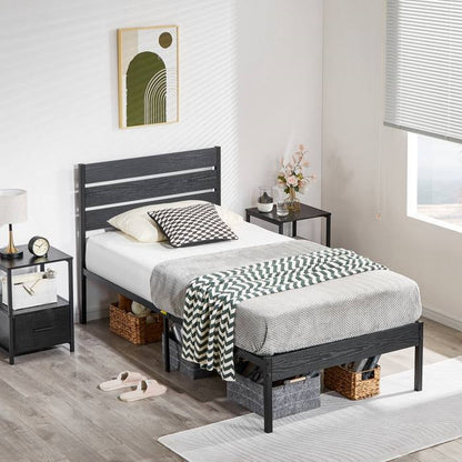Twin Size Rustic Industrial Black Oak Platform Bed Frame Wood Slatted Headboard