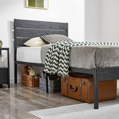 Twin Size Rustic Industrial Black Oak Platform Bed Frame Wood Slatted Headboard
