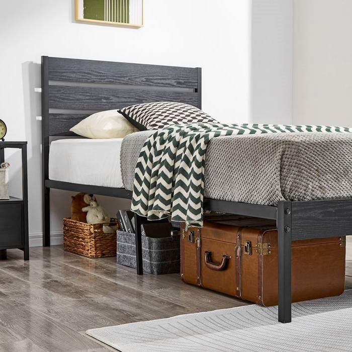 Twin Size Rustic Industrial Black Oak Platform Bed Frame Wood Slatted Headboard