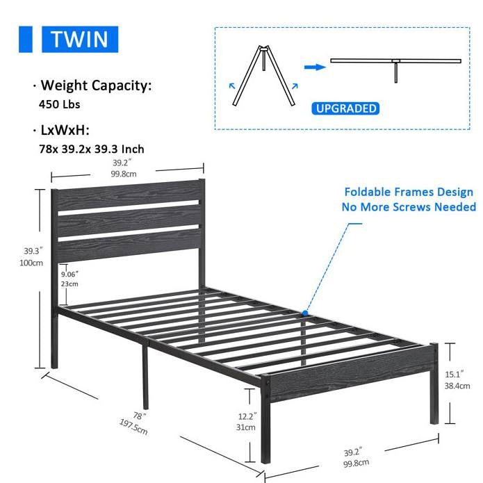 Twin Size Rustic Industrial Black Oak Platform Bed Frame Wood Slatted Headboard
