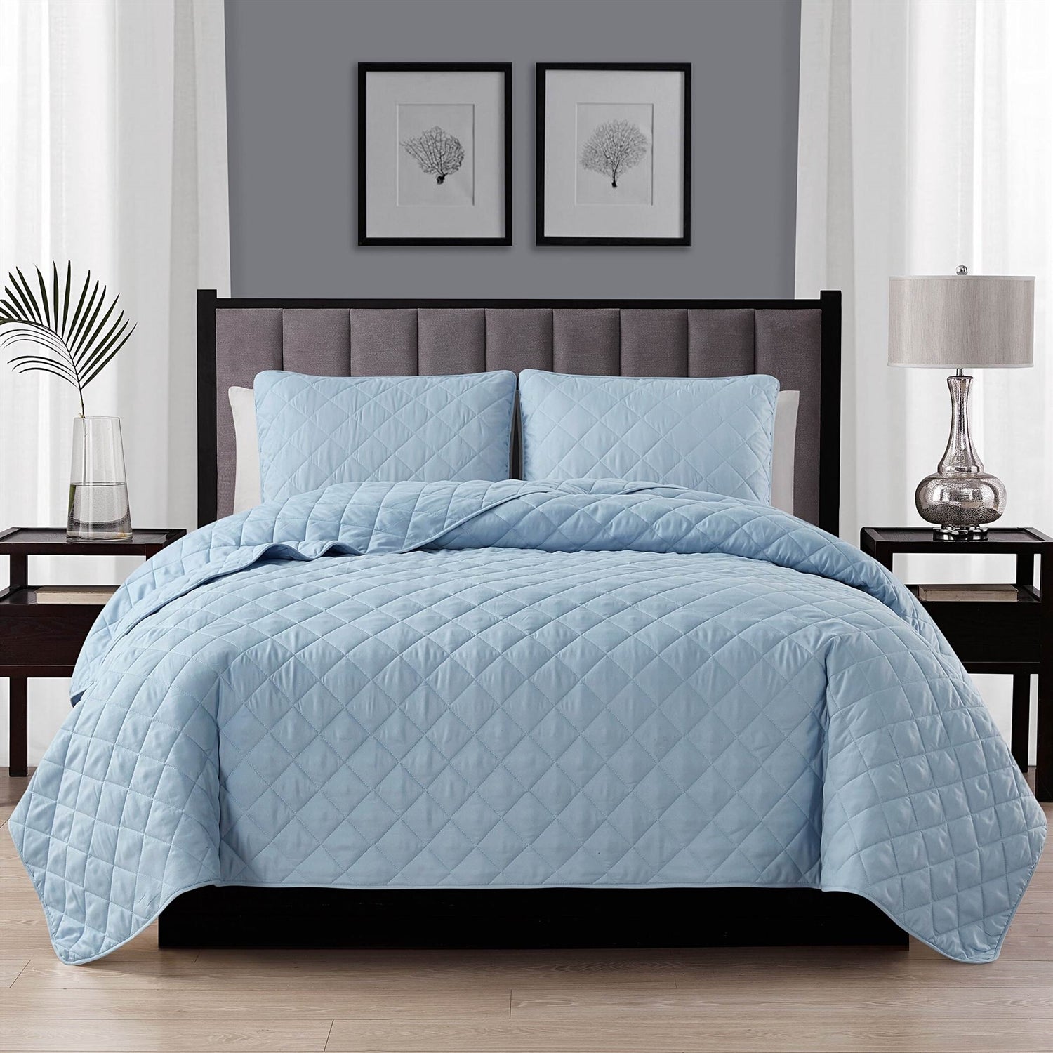 Twin/Twin XL, Blue FarmHouse Microfiber Diamond Quilt Set