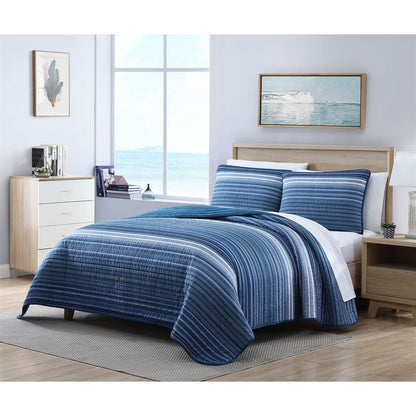 Twin Size Coastal Blue Stripe Reversible 100% Cotton Quilt Set