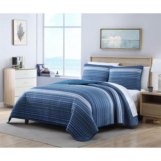 Twin Size Coastal Blue Stripe Reversible 100% Cotton Quilt Set