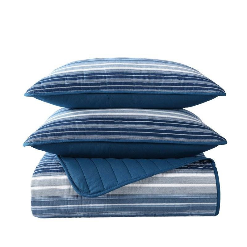 Twin Size Coastal Blue Stripe Reversible 100% Cotton Quilt Set