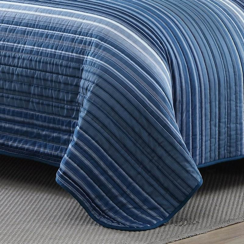 Twin Size Coastal Blue Stripe Reversible 100% Cotton Quilt Set