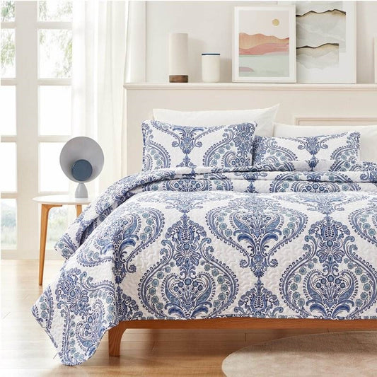 Twin Size Soft Microfiber Reversible Blue/White Baroque Design Quilt Set