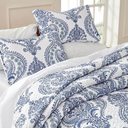 Twin Size Soft Microfiber Reversible Blue/White Baroque Design Quilt Set