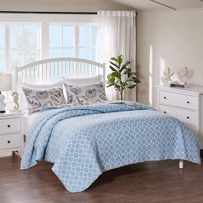 3 Piece Microfiber Beach Shells Coastal Quilt Set, Twin/Twin XL