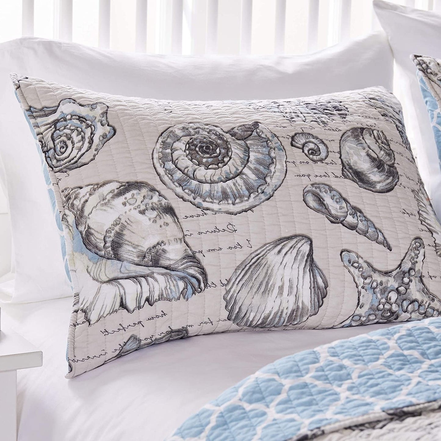 3 Piece Microfiber Beach Shells Coastal Quilt Set, Twin/Twin XL