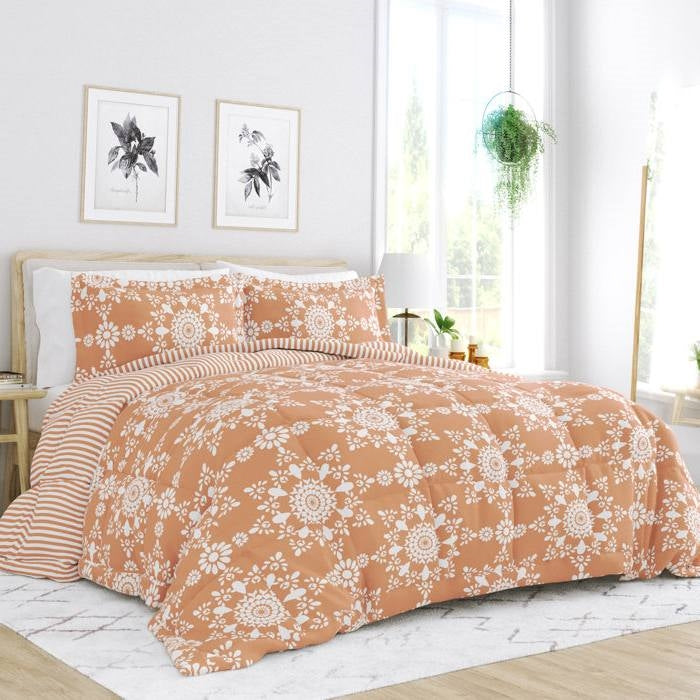 Twin Size 2 Piece Clay Reversible Daisy Medallion Striped Comforter Set