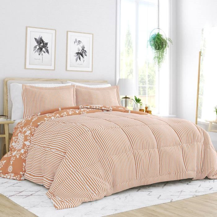 Twin Size 2 Piece Clay Reversible Daisy Medallion Striped Comforter Set