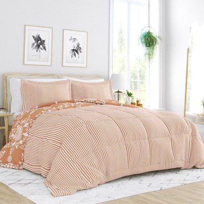 Twin Size 2 Piece Clay Reversible Daisy Medallion Striped Comforter Set