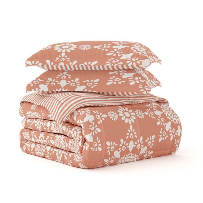 Twin Size 2 Piece Clay Reversible Daisy Medallion Striped Comforter Set