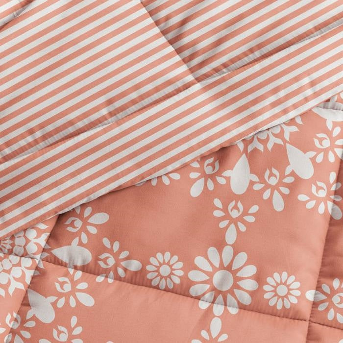 Twin Size 2 Piece Clay Reversible Daisy Medallion Striped Comforter Set