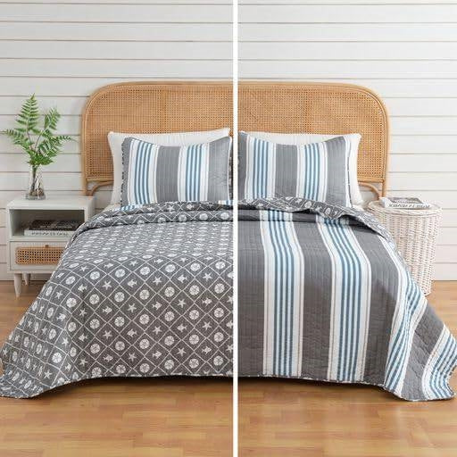 Twin Size 2 Piece Coastal Grey/Blue Nautical Quilt Set