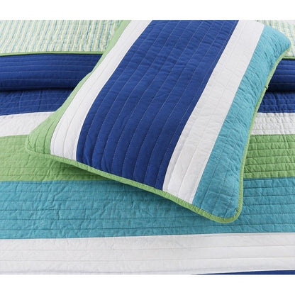 Twin Size Navy/Green/White Stripe 100% Cotton Quilt Set