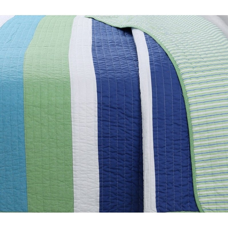 Twin Size Navy/Green/White Stripe 100% Cotton Quilt Set