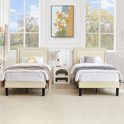 Twin Size - Set of 2 - Dorm Style Beige Tufted Upholstered Platform Beds