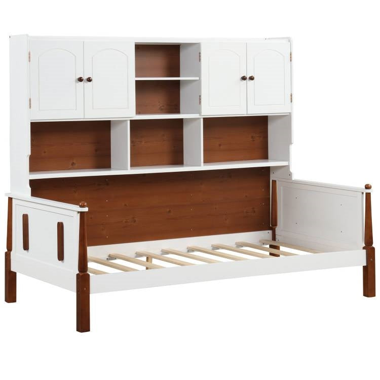 Vintage White/Walnut Twin Daybed Bookcase Storage Cabinet Bedroom Set