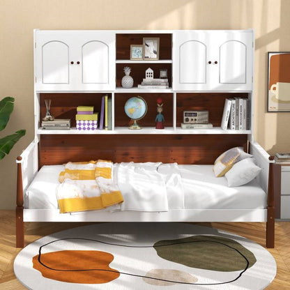 Vintage White/Walnut Twin Daybed Bookcase Storage Cabinet Bedroom Set