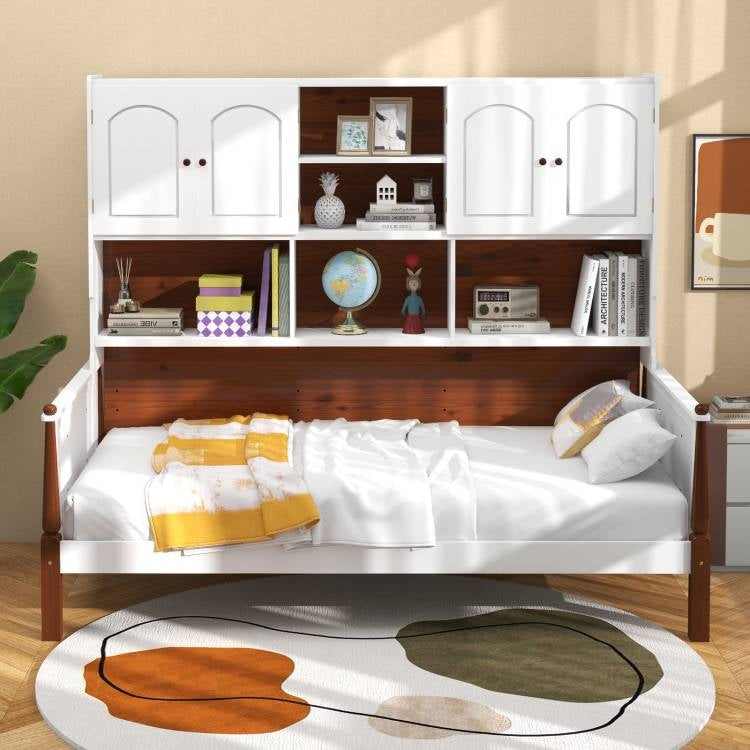 Vintage White/Walnut Twin Daybed Bookcase Storage Cabinet Bedroom Set