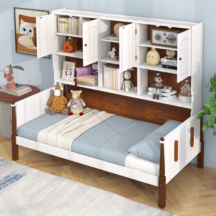 Vintage White/Walnut Twin Daybed Bookcase Storage Cabinet Bedroom Set