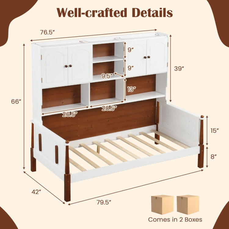 Vintage White/Walnut Twin Daybed Bookcase Storage Cabinet Bedroom Set